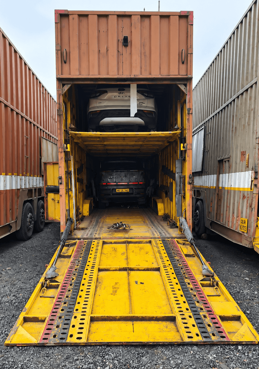 Enclosed car carrier trailer transporting automobiles across India